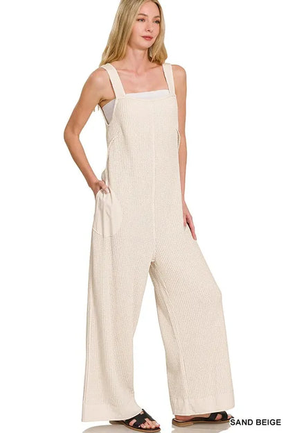 Zenana Knit Waffle Wide Leg Overalls - Farnelli