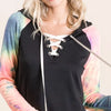 BiBi French Terry Lace Up Hoodie With Tie Dye Sleeves - BLACK/CHARCOAL TIEDY