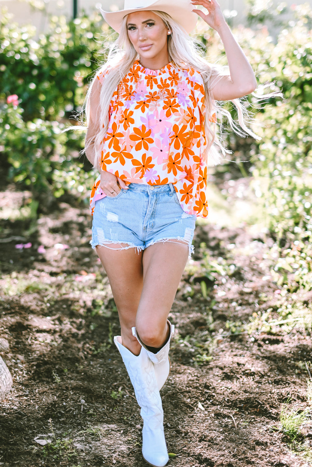 Alison Ruffled Sleeve Smocked Floral Top - Farnelli