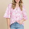 BOMBOM Floral Decorative Button V-Neck Top - Pink