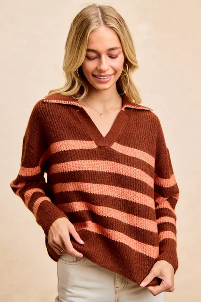 BiBi Striped Sweater Top with Collar Stitched Details - Farnelli