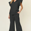 Double Take Texture Ruffle Short Sleeve Top and Drawstring Wide Leg Pants Set - Black
