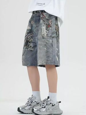 Men's Full Size Vintage Chain Print Denim Shorts Plus Size - Farnelli