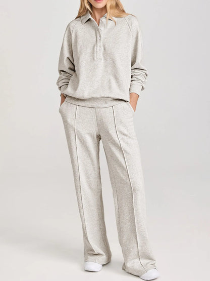 Collared Sweatshirt and High Waist Pants Active Set - Farnelli