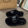 Faux Fur Buckle Slippers - Black