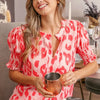 BiBi Leopard Smocked Short Sleeve Blouse - Peach/Coral