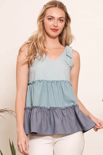 Lime 'N' Chili Full Size Color Block V-Neck Baby Doll Sleeveless Top Plus Size - Farnelli
