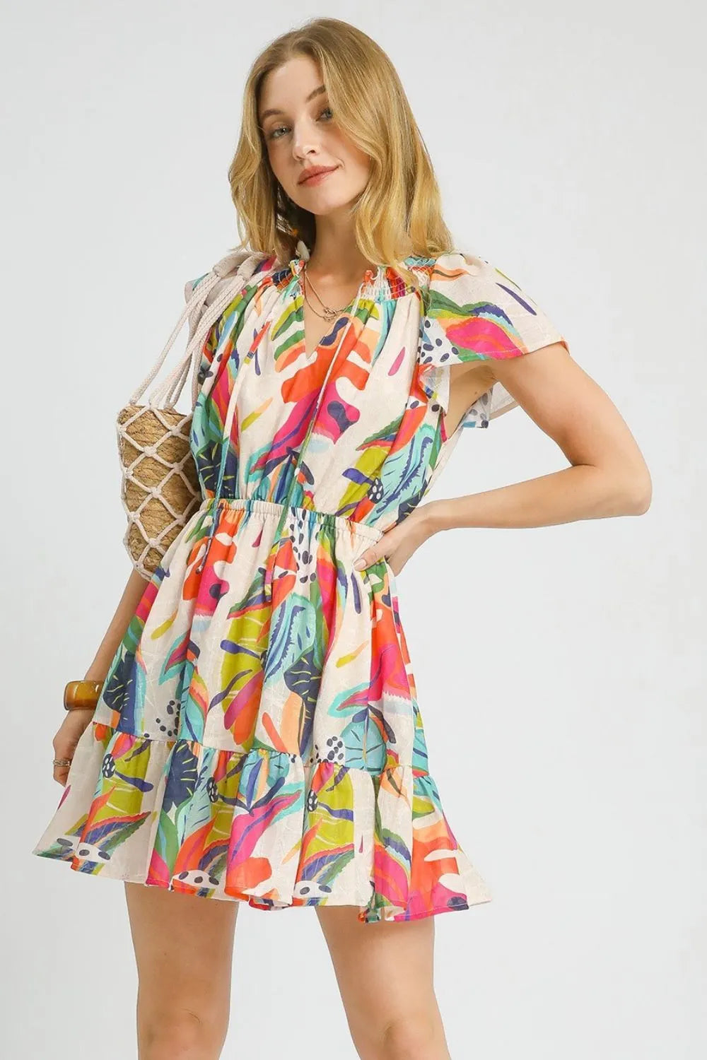 Umgee Printed Tie Neck Ruffled Hem Dress - Farnelli
