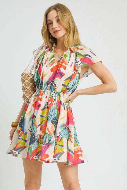 Umgee Printed Tie Neck Ruffled Hem Dress - Farnelli