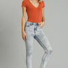 Umgee 5-Pockets Distressed Detail Stretch Denim Skinny Jeans with Unfinished Hem - LT. DENIM