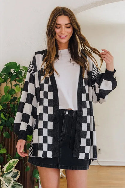 Annie Wear Checkered Open Front Drop Shoulder Cardigan - Farnelli