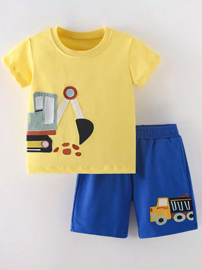 Children's Excavator & Truck Embroidered Two-Piece Set - Farnelli