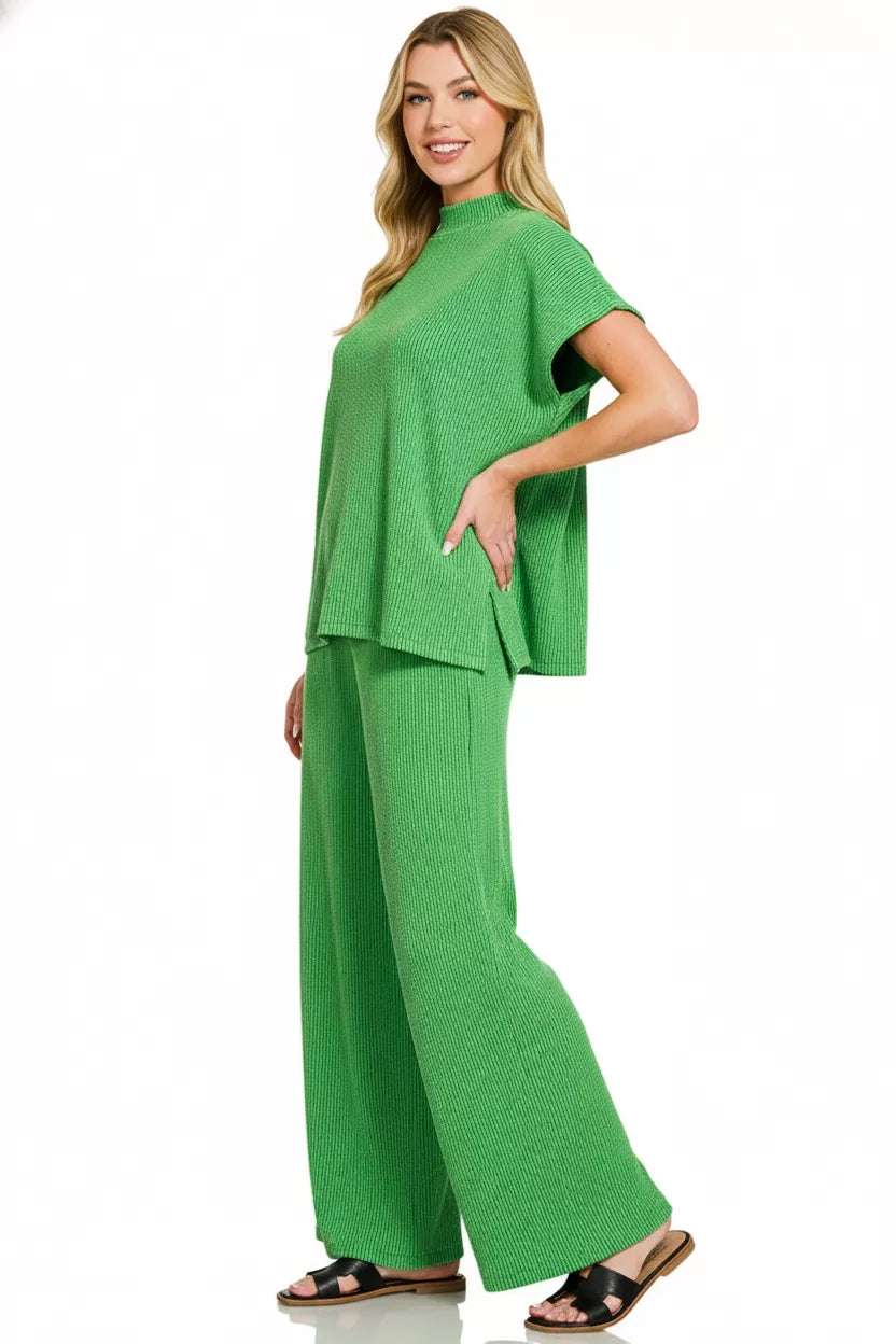 Zenana Raised Rib Short Sleeve Tee & Pants Set - Farnelli
