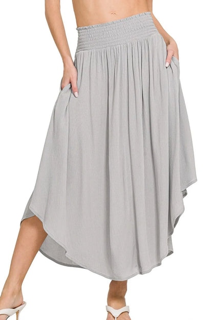 Zenana Woven Crinkle Smocked Waist Maxi Skirt W Pockets - Farnelli