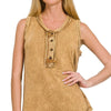 Zenana Washed Half-button Raw Edge Sleeveless Henley Top - DK CAMEL