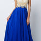 Juliet 636 Beaded Bodice Cap Sleeve Prom Gown with Slit and Train