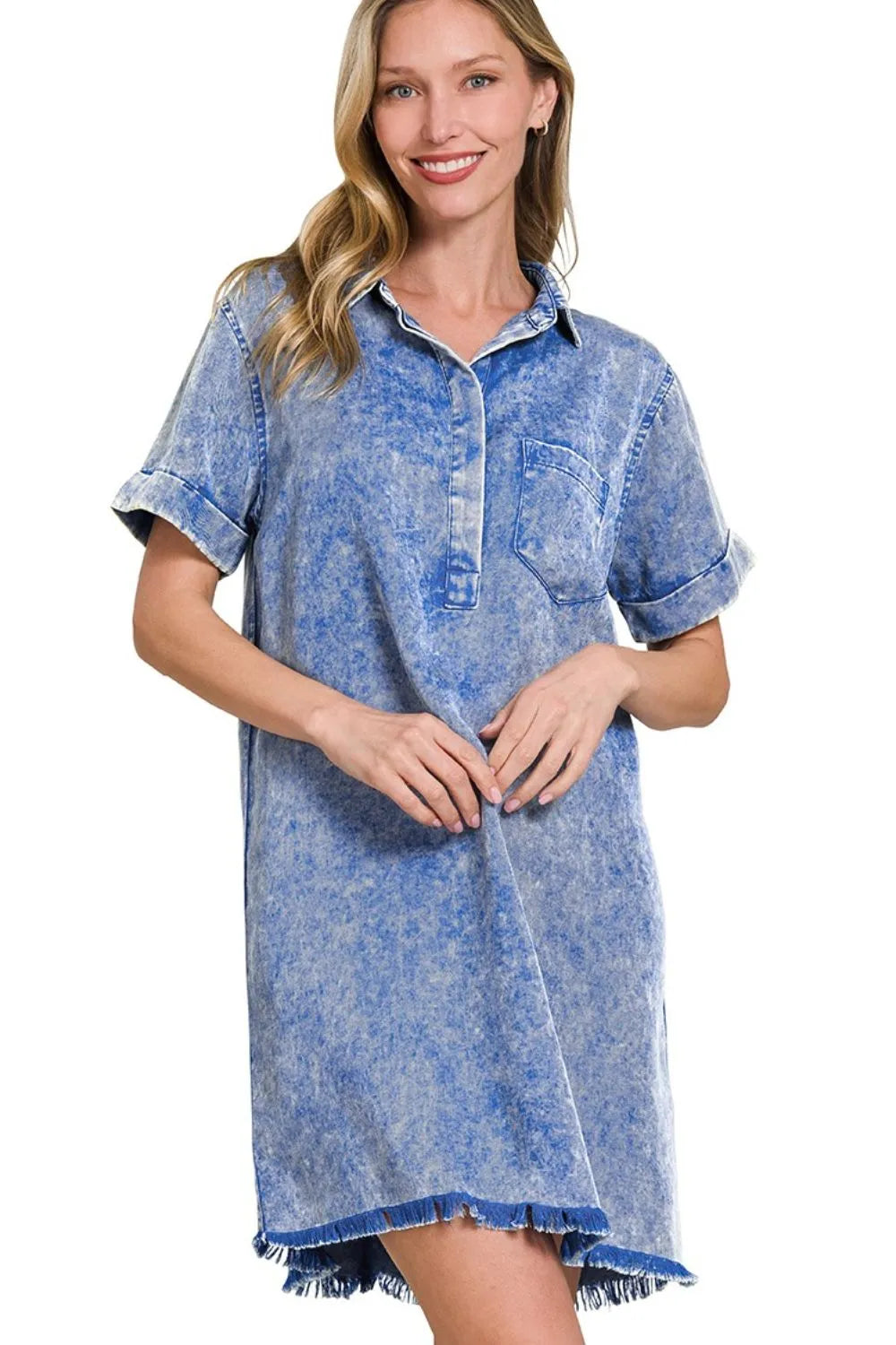 Zenana Tencel Mineral Washed Collared Shirts Dress - Farnelli