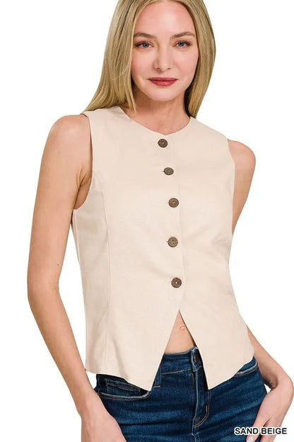 Zenana Linen Button Down Vest - Farnelli