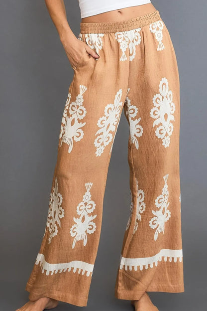Umgee Full Size Border Print Wide Leg Pants Plus Size - Farnelli