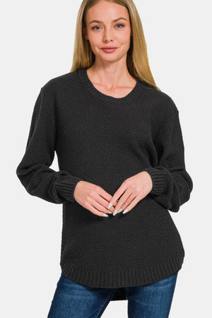 Zenana Full Size Round Neck Long Sleeve Curved Hem Sweater - Farnelli