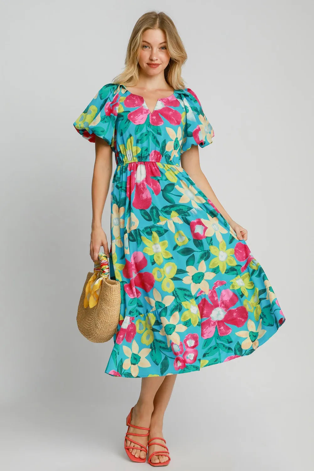 Umgee Full Size Tiered Floral Print Notched Puff Sleeve Midi Dress Plus Size - Farnelli