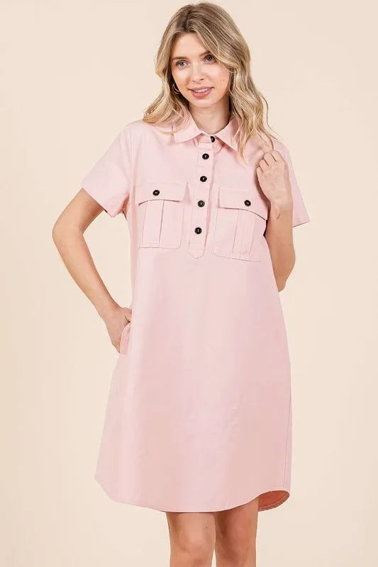 Mittoshop Button Detail Collared Neck Short Sleeve Shirt Dress - Farnelli