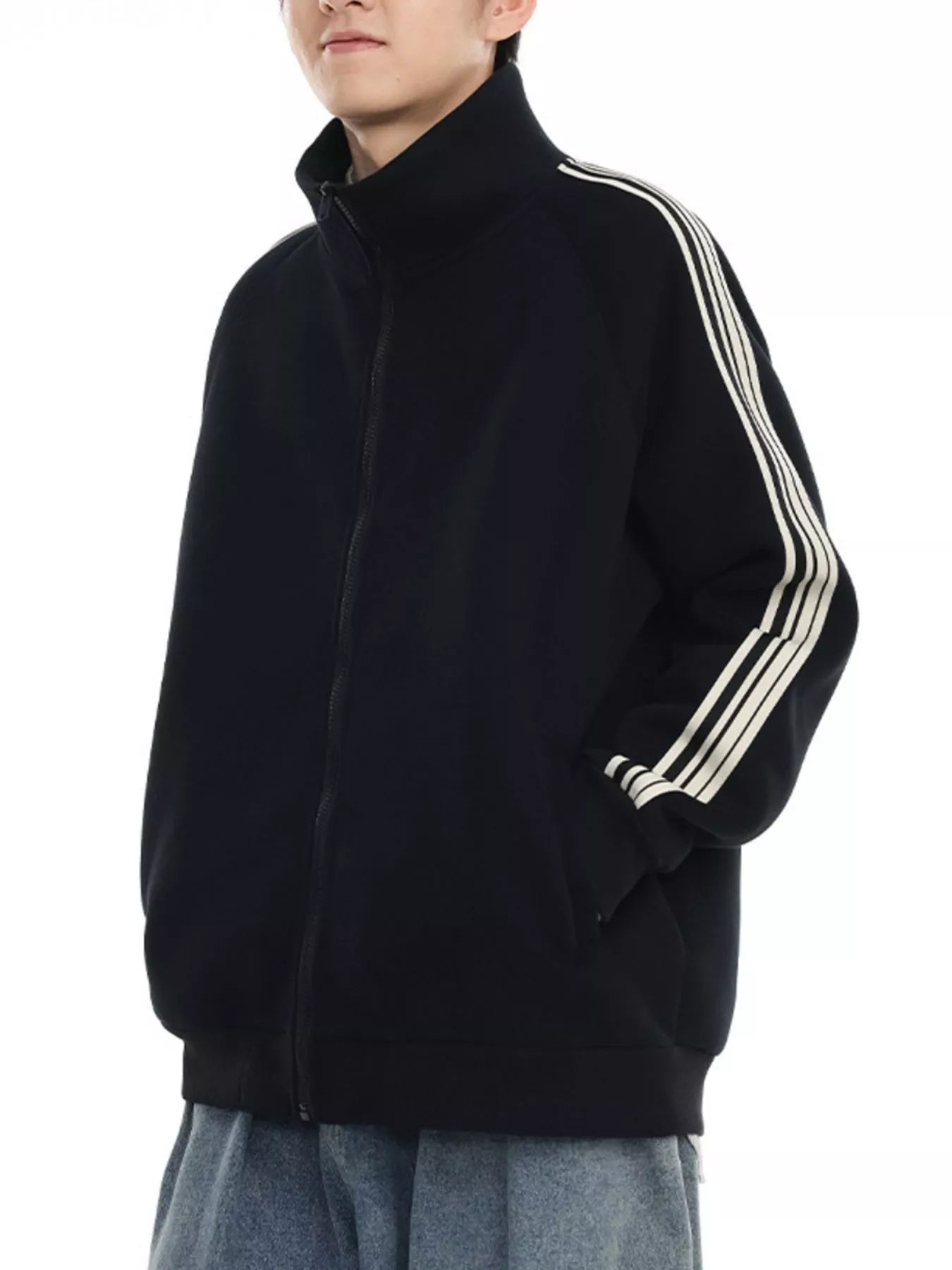Men's Plus Size Striped Sleeve Zip-Up Sweatshirt - Farnelli