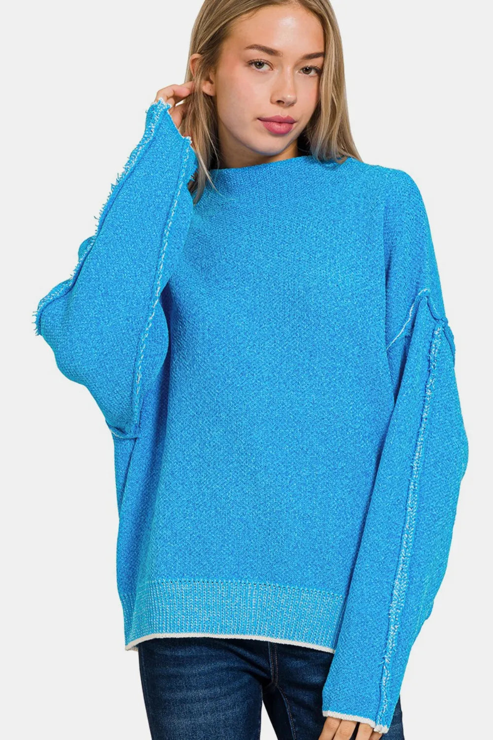 Zenana Exposed Seam Mock Neck Long Sleeve Sweater - Farnelli