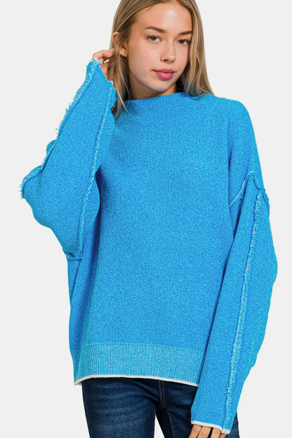Zenana Exposed Seam Mock Neck Long Sleeve Sweater - Farnelli