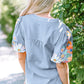 Hadlee Floral Embroidered Puff Sleeve Split Neck Blouse - Farnelli