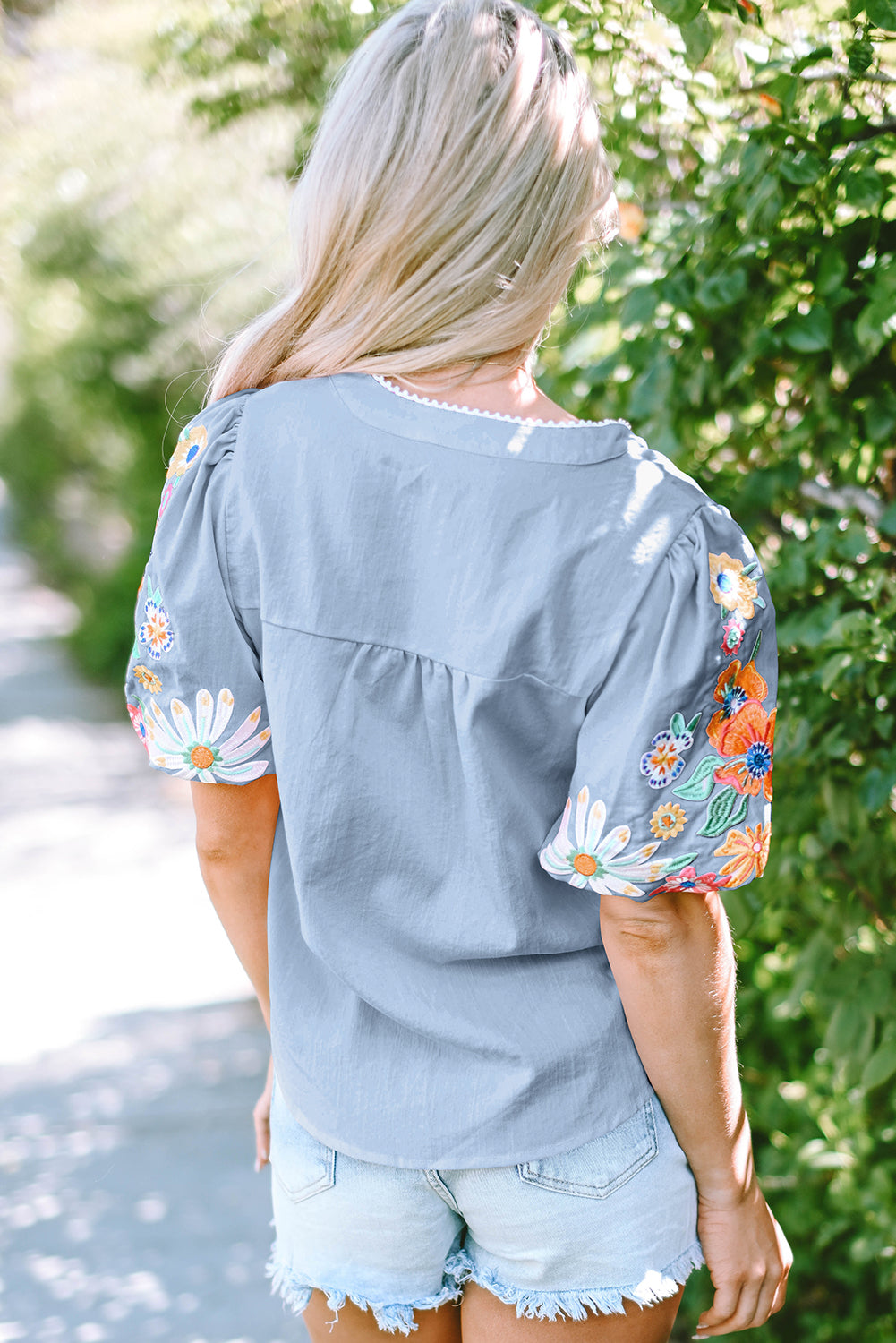 Hadlee Floral Embroidered Puff Sleeve Split Neck Blouse - Farnelli