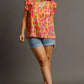 Umgee Full Size Abstract Print V-Neck Double Layer Ruffle Sleeve Blouse Plus Size - Farnelli
