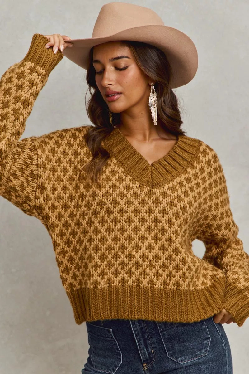 SO ME Color Block Textured Christmas Sweater V Neck Top - Farnelli