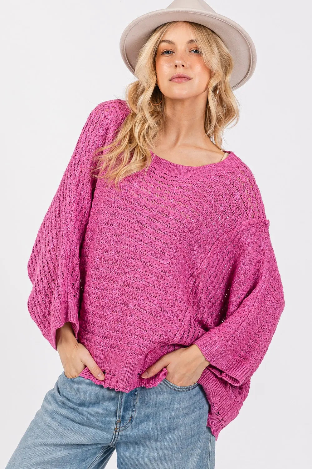 SAGE + FIG Distressed Asymmetrical Open Stitch Sweater - Farnelli