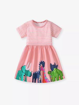 Children's Dinosaur Striped Casual Dress - Farnelli
