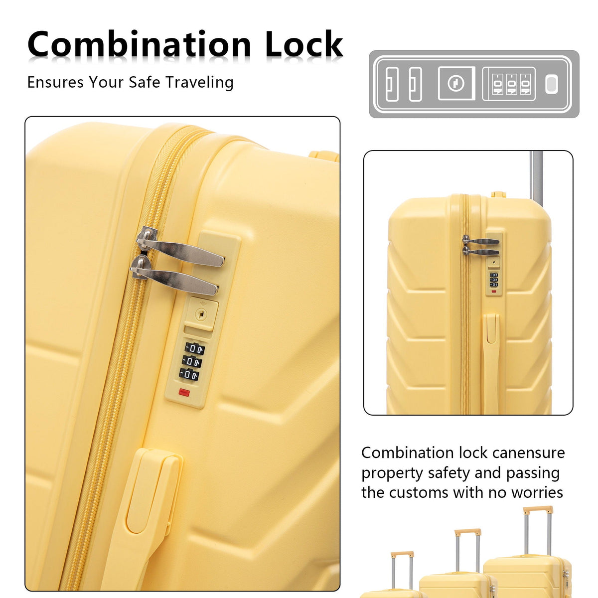 HouseOfZazla 3-piece spinner wheel luggage set with combination locks, shown in multiple sizes