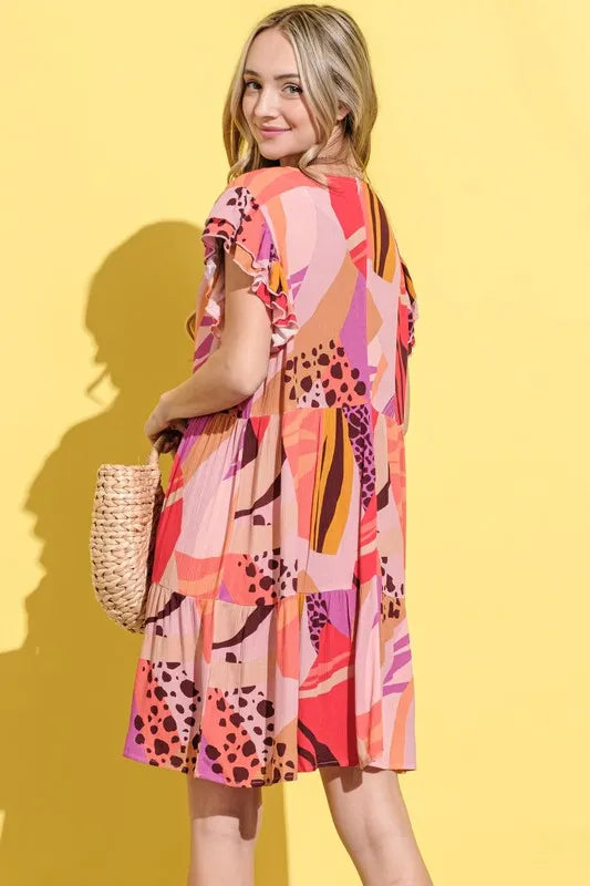 And The Why Printed Double Ruffles Sleeve Dress - Farnelli