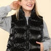 VERY J Shiny Metallic Zip Up Puffer Vest - Black