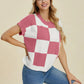 Double Take Full Size Checkered Round Neck Short Sleeve Sweater - Farnelli