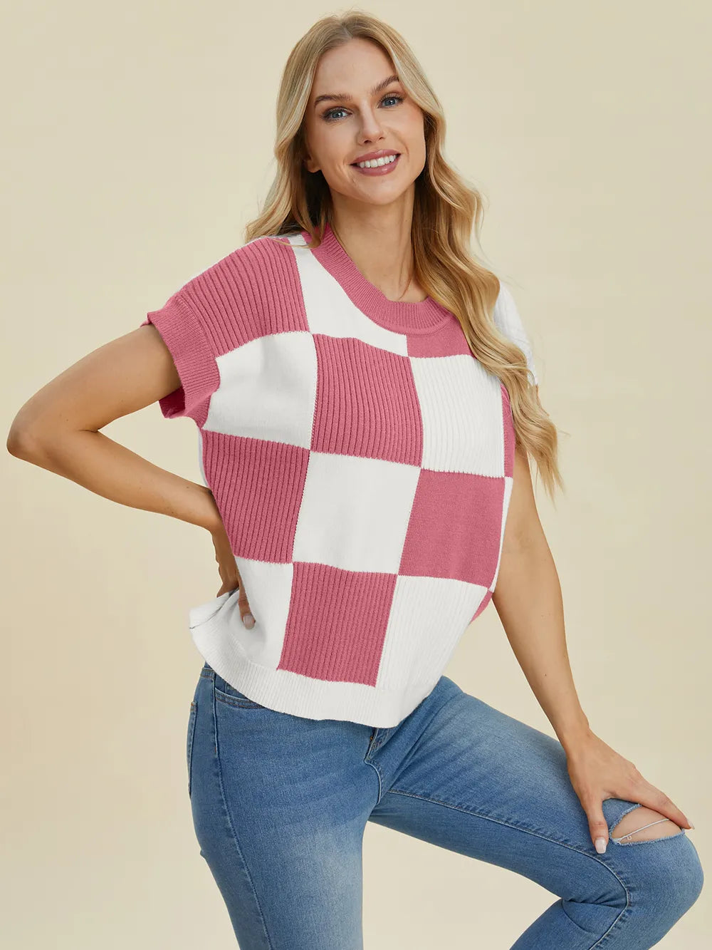 Double Take Full Size Checkered Round Neck Short Sleeve Sweater - Farnelli