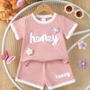 Children's Honey Flower Waffle Knit Tee and Shorts Set - Pink