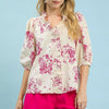 Umgee Floral Embroidered Blouse with Ruffle Trim - BERRY