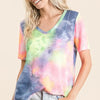 BiBi Tie Dye Print Low Gauge Deep U Neck Top - BLUE/N.YELLOW