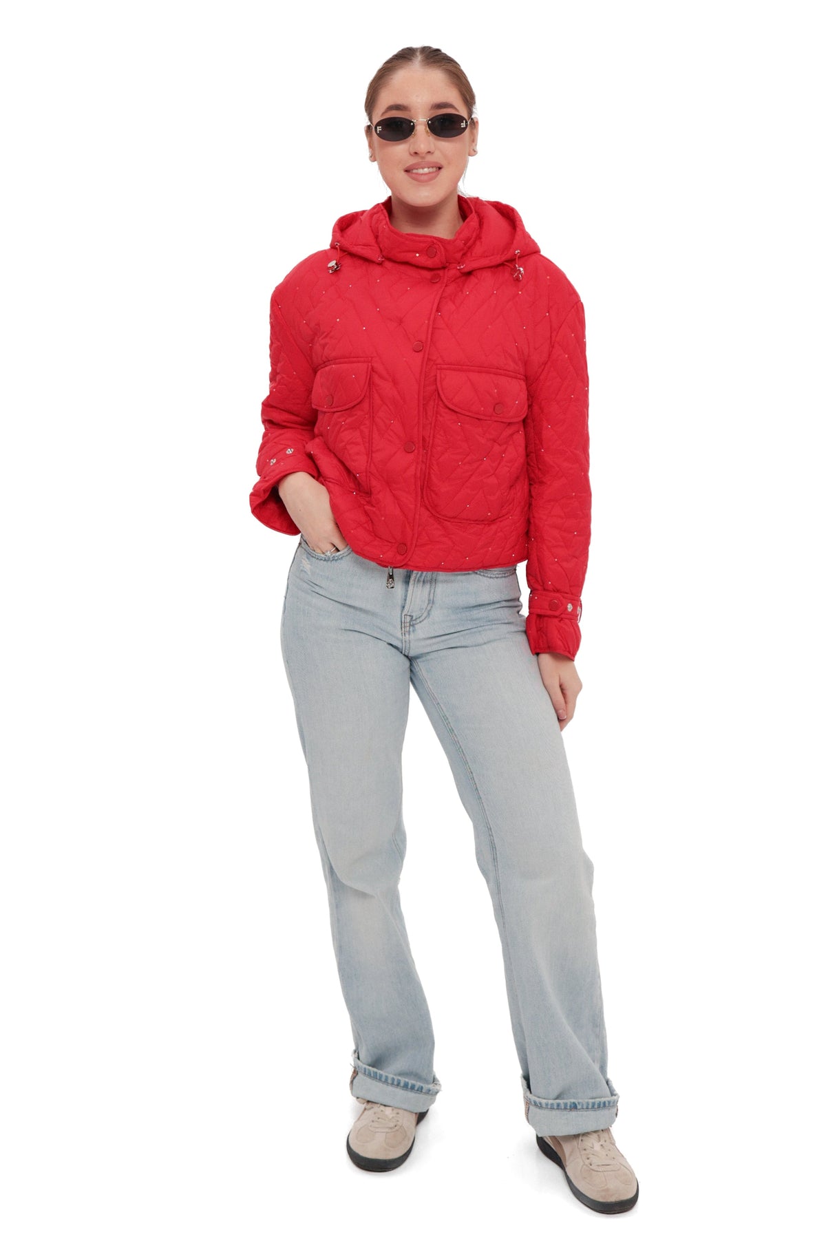 Red studded light demi-season hooded cropped jacket by Alaska® Outerwear Company, featuring a stylish design and shoulder details.