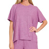 Zenana Soft Melange Short Sleeve Tee and Shorts Set - LT PLUM