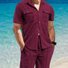 Men's Full Size Button Down Short Sleeve Top and Shorts Set Plus Size - Burgundy