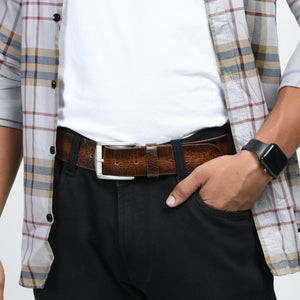 Leather belt from Classy Leather Bags, Wildwood Leather Belt, featuring smooth brown leather with a classic buckle design.