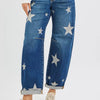 RISEN Mid Rise Ankle Length Relaxed Barrel Star Printed Jeans - DARK