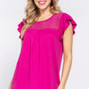 ACTIVE BASIC Ruffle Short Sleeve Lace Detail Knit Top - MAGENTA