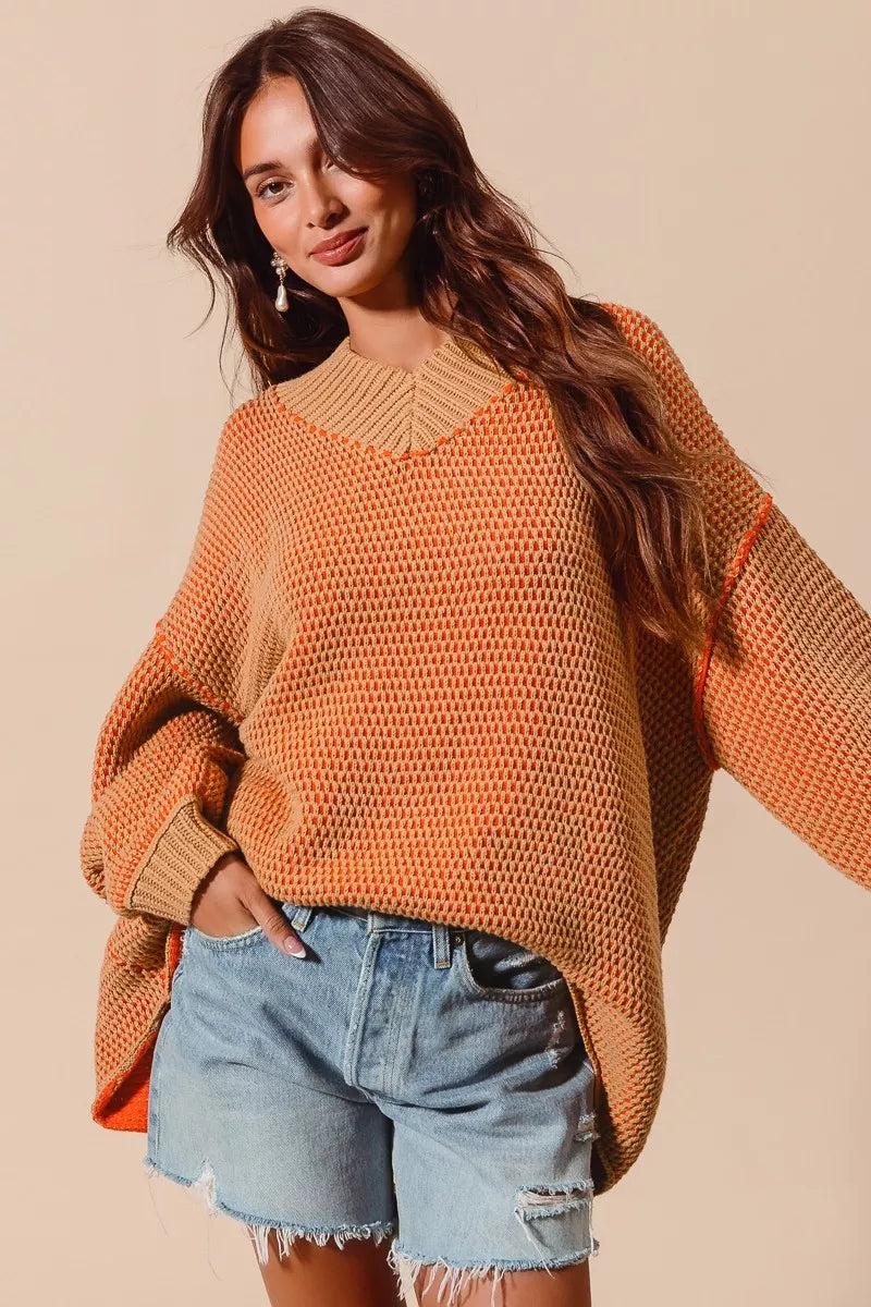 SO ME Oversized Two Tone Textured V Neck Sweater - Farnelli